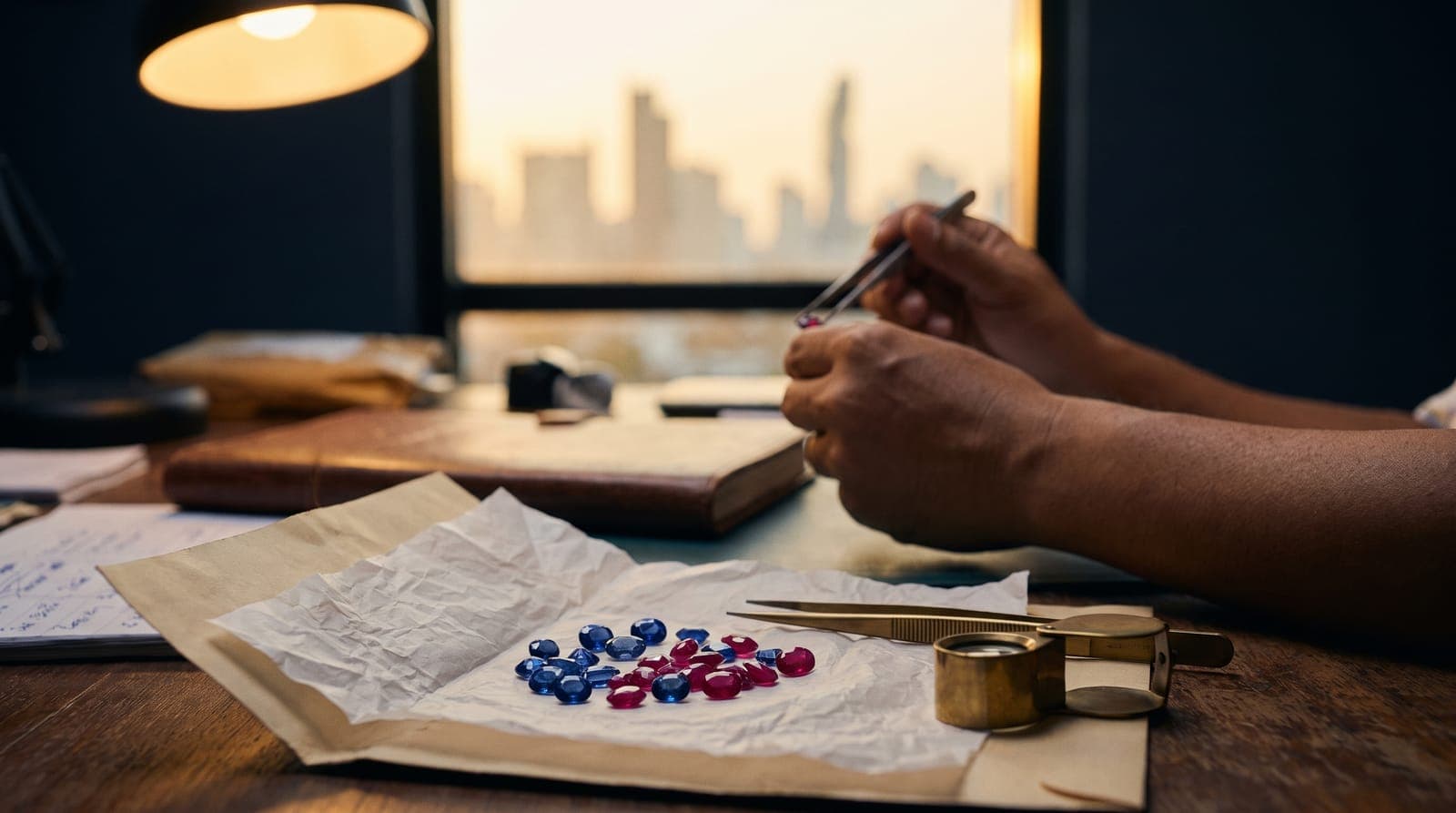A gemstone dealer examining a ruby with tweezers at a Bangkok trading desk, loose sapphires and rubies on parcel paper with the city skyline beyond