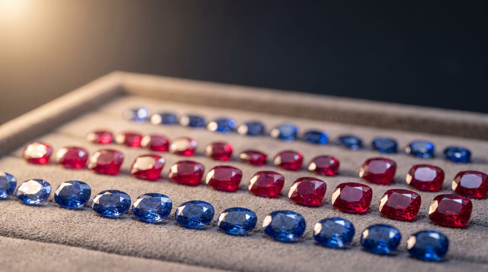 Rows of cut blue sapphires and red rubies arranged by colour on a grey suede tray, a wholesale buyer's selection