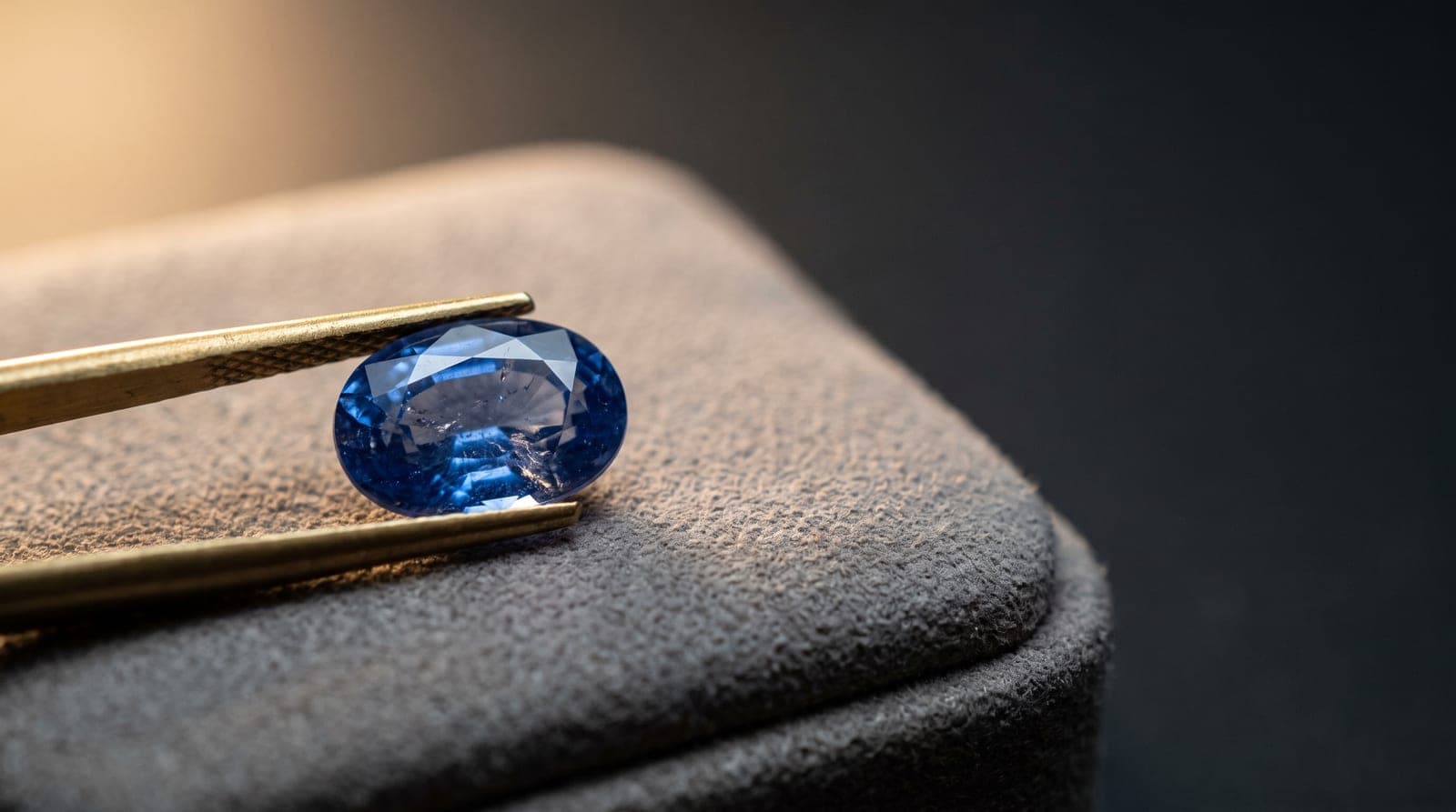 An oval blue sapphire held in brass tweezers on a grey suede pad, examined close up