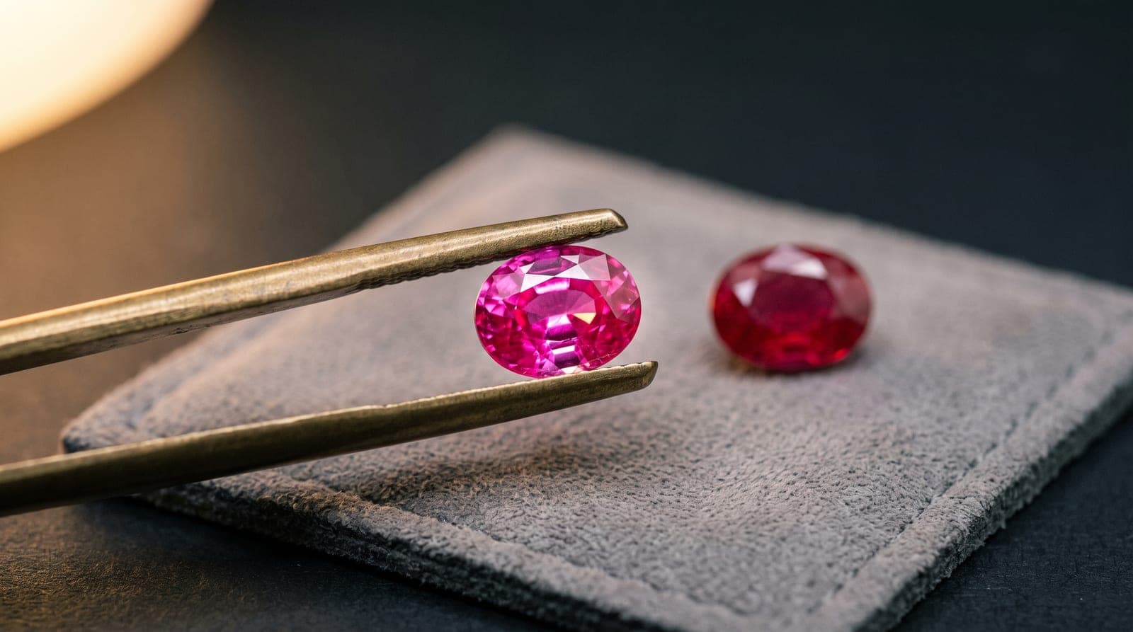 A vivid hot-pink sapphire held in brass tweezers beside a red ruby on a suede pad, illustrating the pink-versus-ruby colour boundary