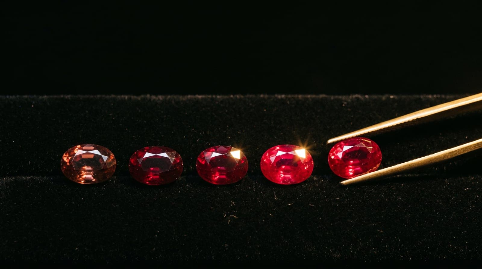 Five rubies arranged from brownish-commercial to vivid pigeon-blood red on black velvet, brass tweezers selecting the finest
