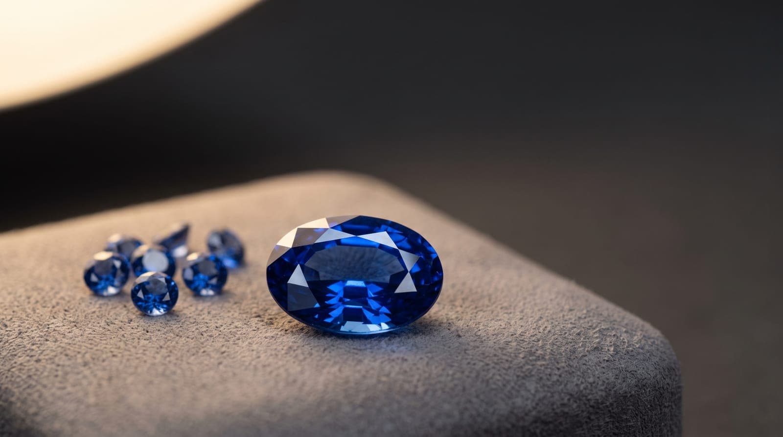 A large fine royal-blue oval sapphire beside a cluster of smaller sapphires on a suede pad, showing how value concentrates in larger stones