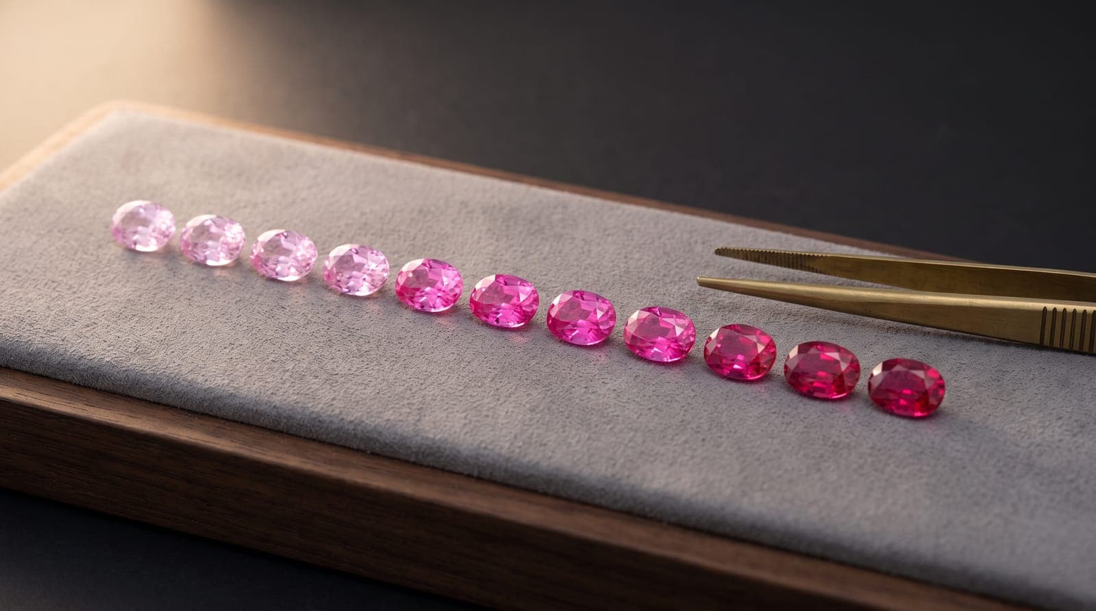 Loose pink sapphires ranging from pastel to vivid hot pink, arranged for wholesale color grading