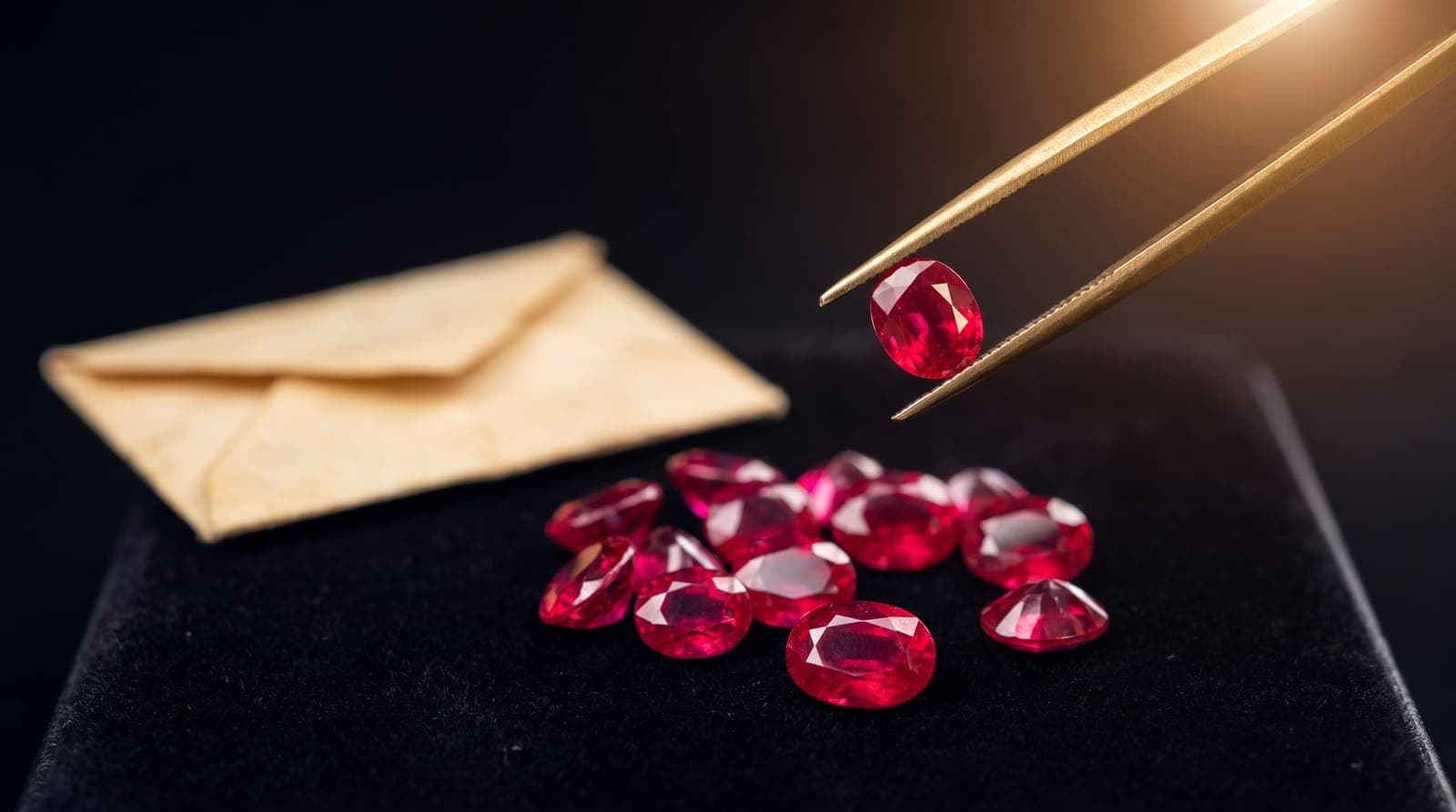An assortment of loose red rubies on a black velvet pad with brass tweezers lifting one stone for wholesale selection