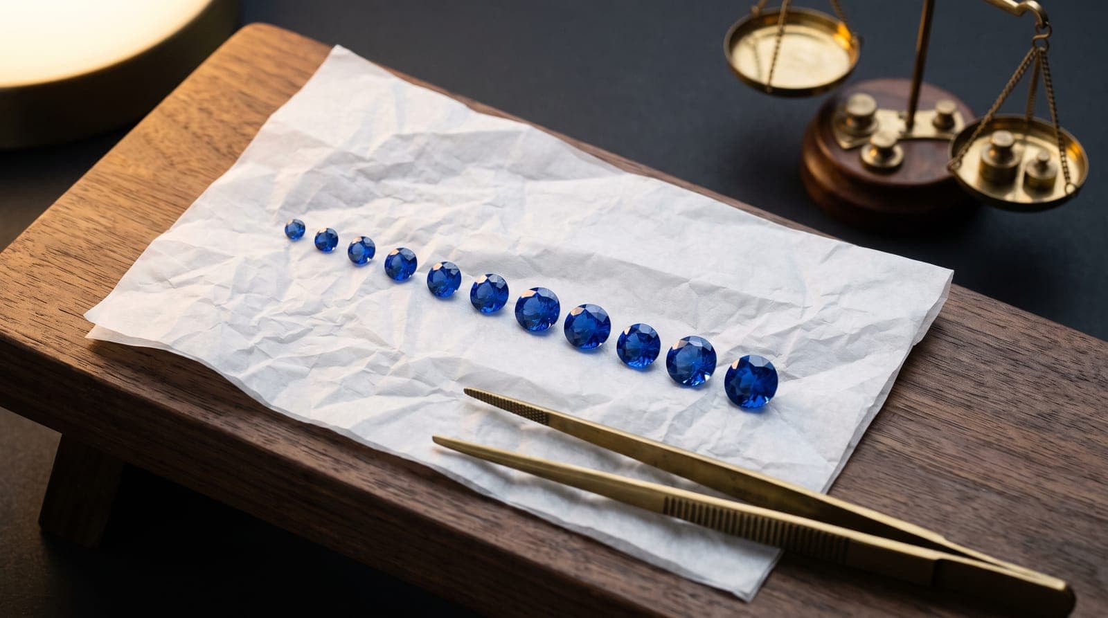 Loose blue sapphires of varying size and saturation arranged for wholesale price comparison on a neutral background