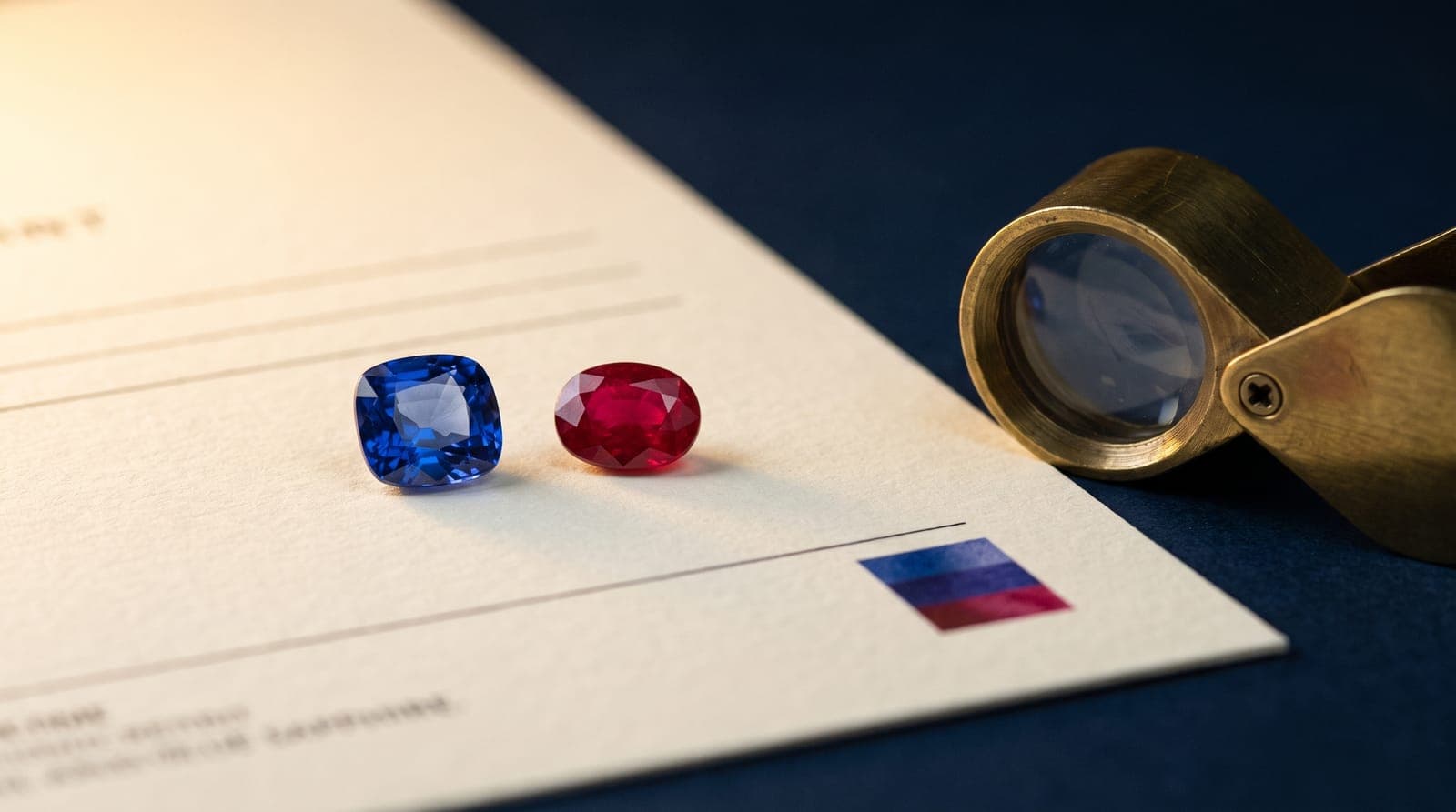 A fine unheated blue sapphire and red ruby on a cream gemstone report beside a brass loupe and a colour-reference swatch