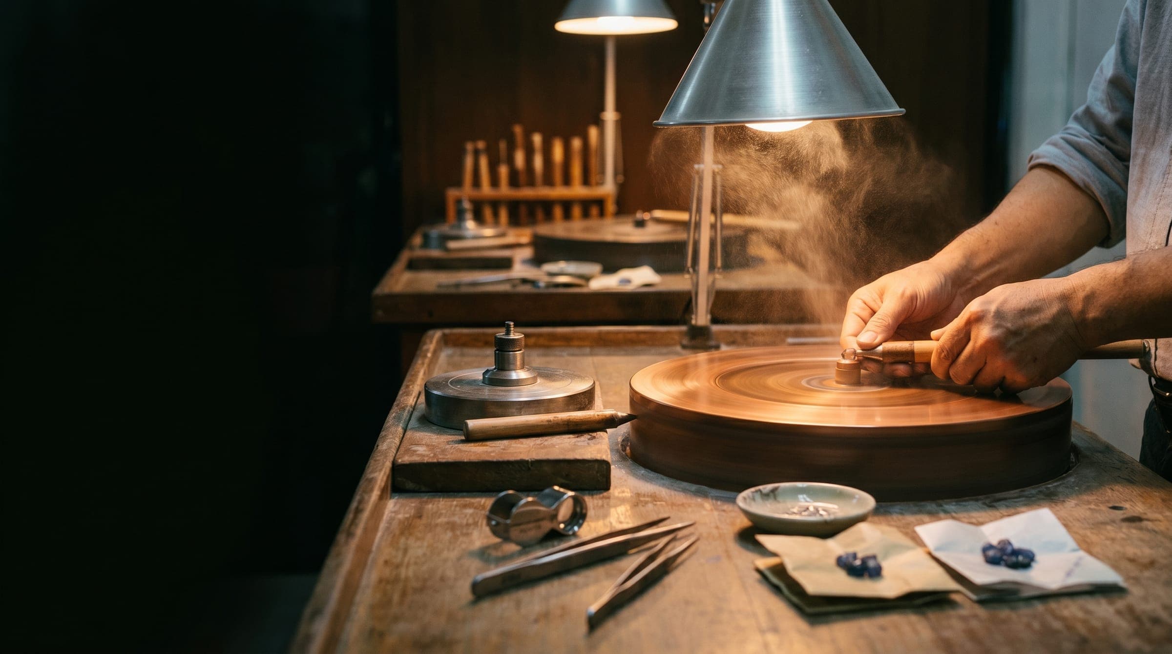 Master cutter at work on a faceting wheel inside the Lim Gems Factory cutting room in Bangkok