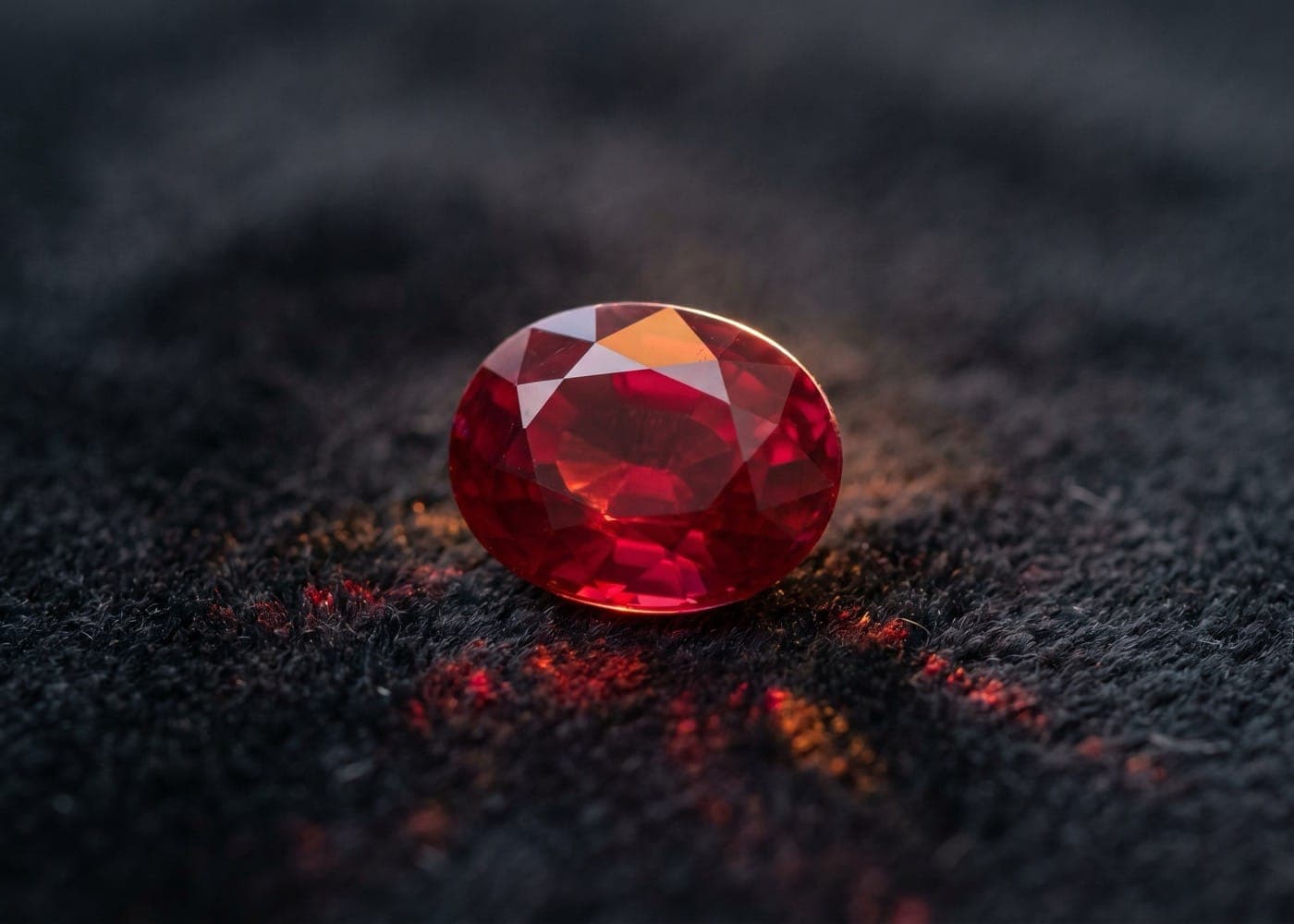 Cushion-cut red ruby held by stainless steel tweezers against soft white fabric