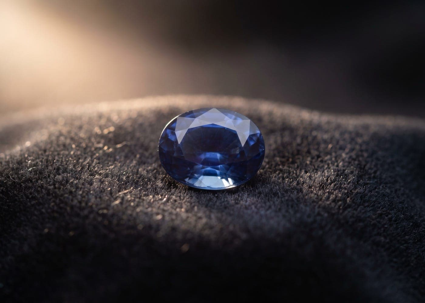 Pear-shaped deep blue sapphire on cream silk fabric with a fine gold chain