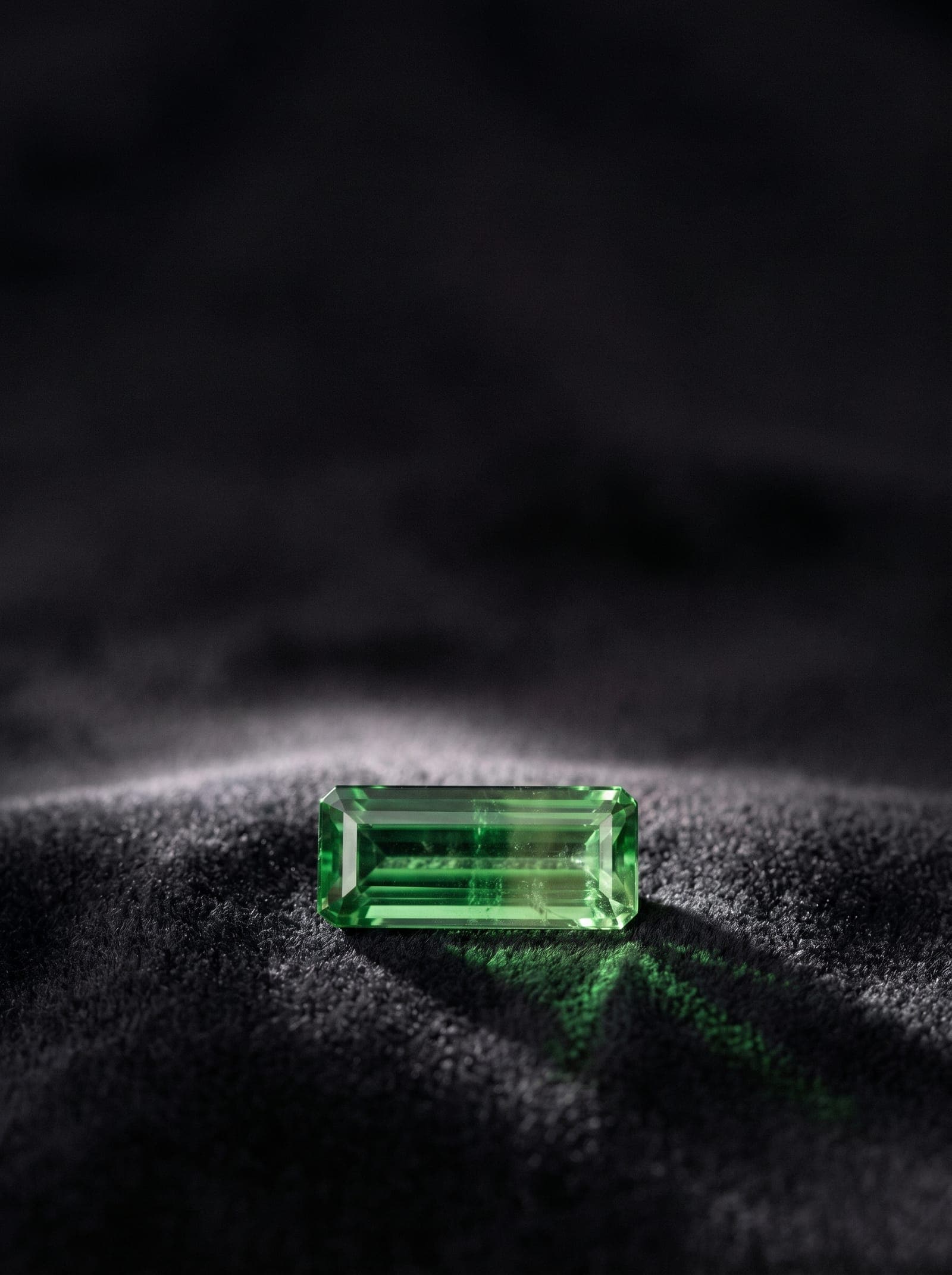 Fine colored gemstone (emerald, tourmaline, or spinel) on dark charcoal velvet, custom-sourced from global origins