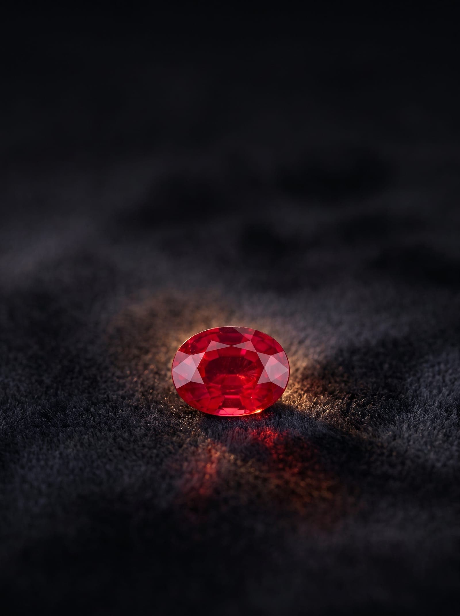 Precision-cut loose red ruby on dark charcoal velvet, vivid Mozambique or Burmese quality grade
