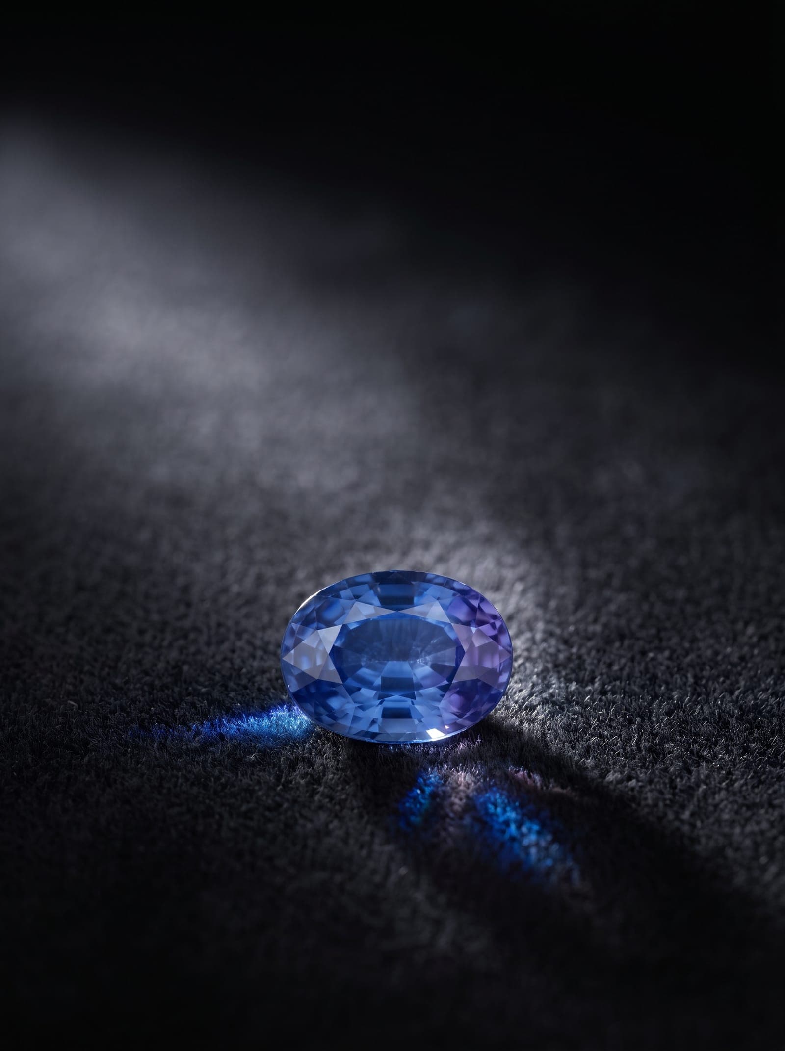 Precision-cut loose blue sapphire on dark charcoal velvet, factory-direct Ceylon origin