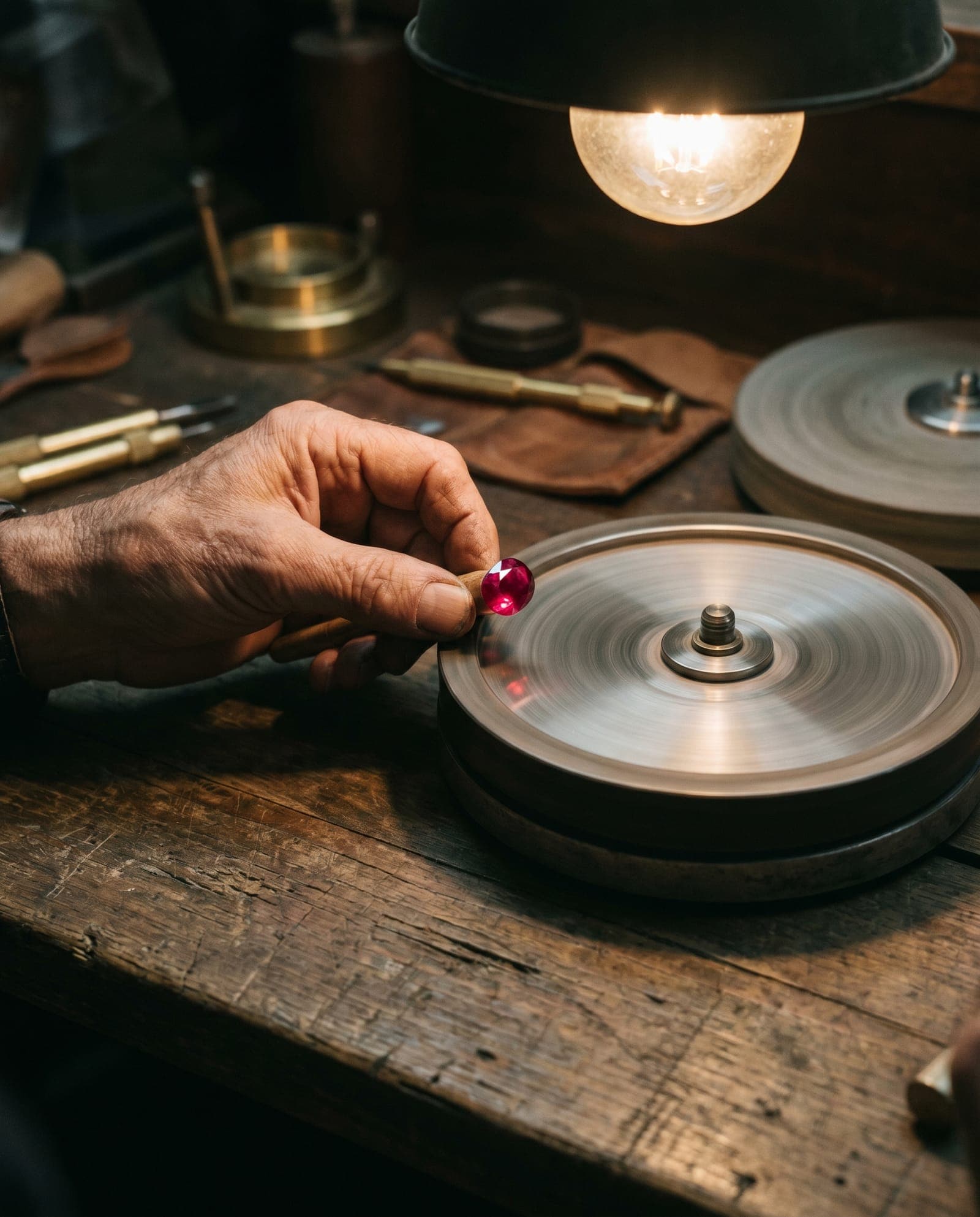Master cutter faceting a ruby on the lap under warm workshop lighting