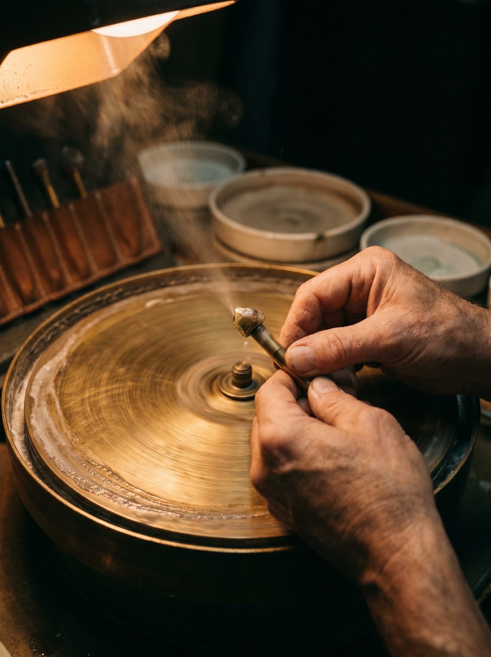 Master cutter working on blue sapphire with diamond-tipped cutting wheel in Bangkok factory