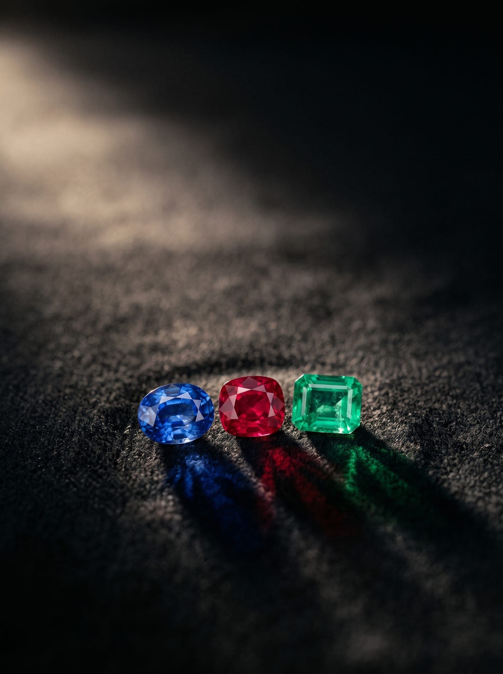 Sapphire, ruby, and emerald on dark stone surface under warm editorial lighting